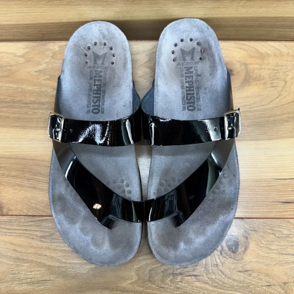 Mephisto Helen Sandals Womens 7 EU 37 Black Patent Leather Travel Vacation Walk